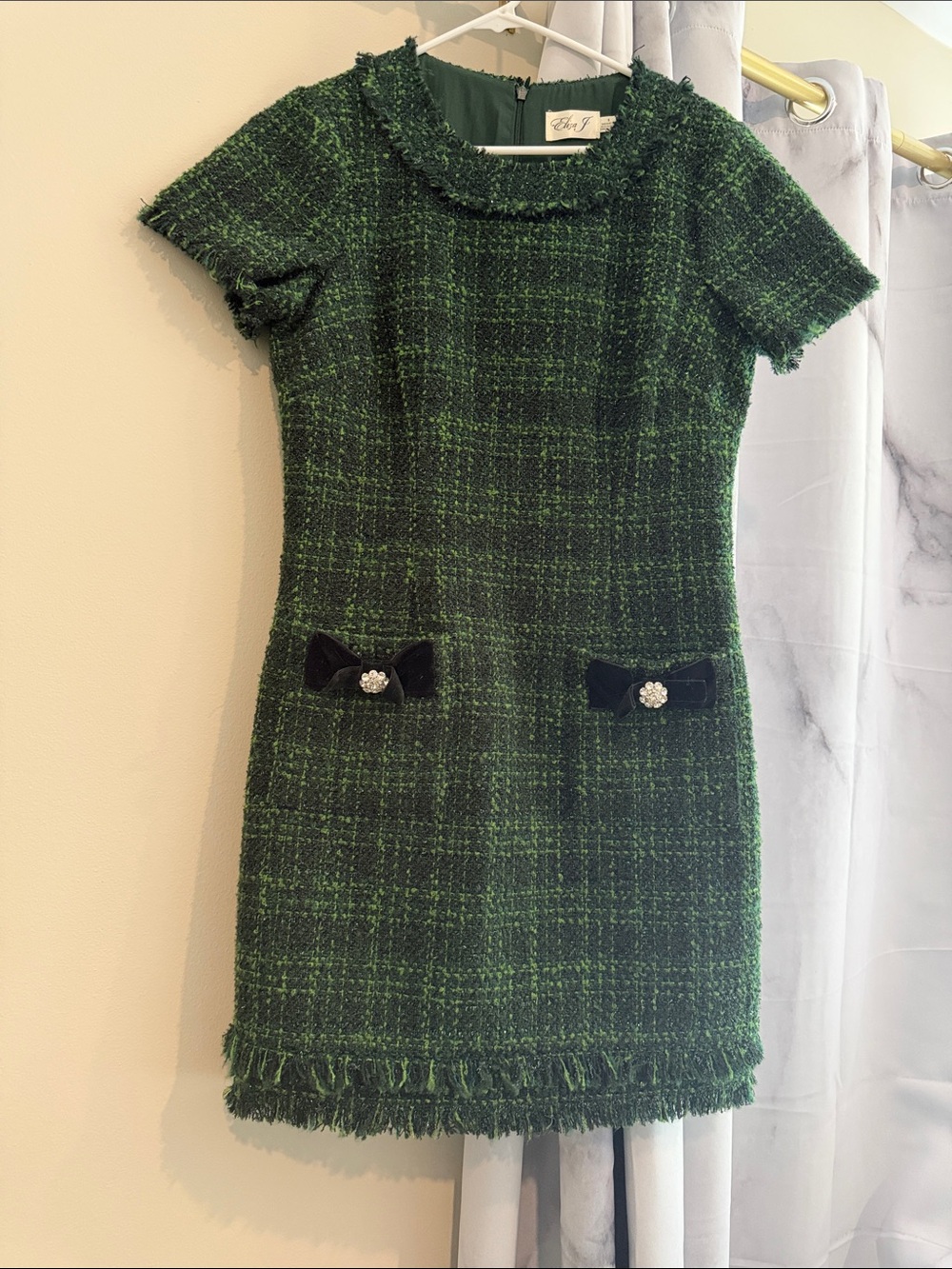 Eliza J Green Tweed Short Sleeve Shift Dress with Bow Details
